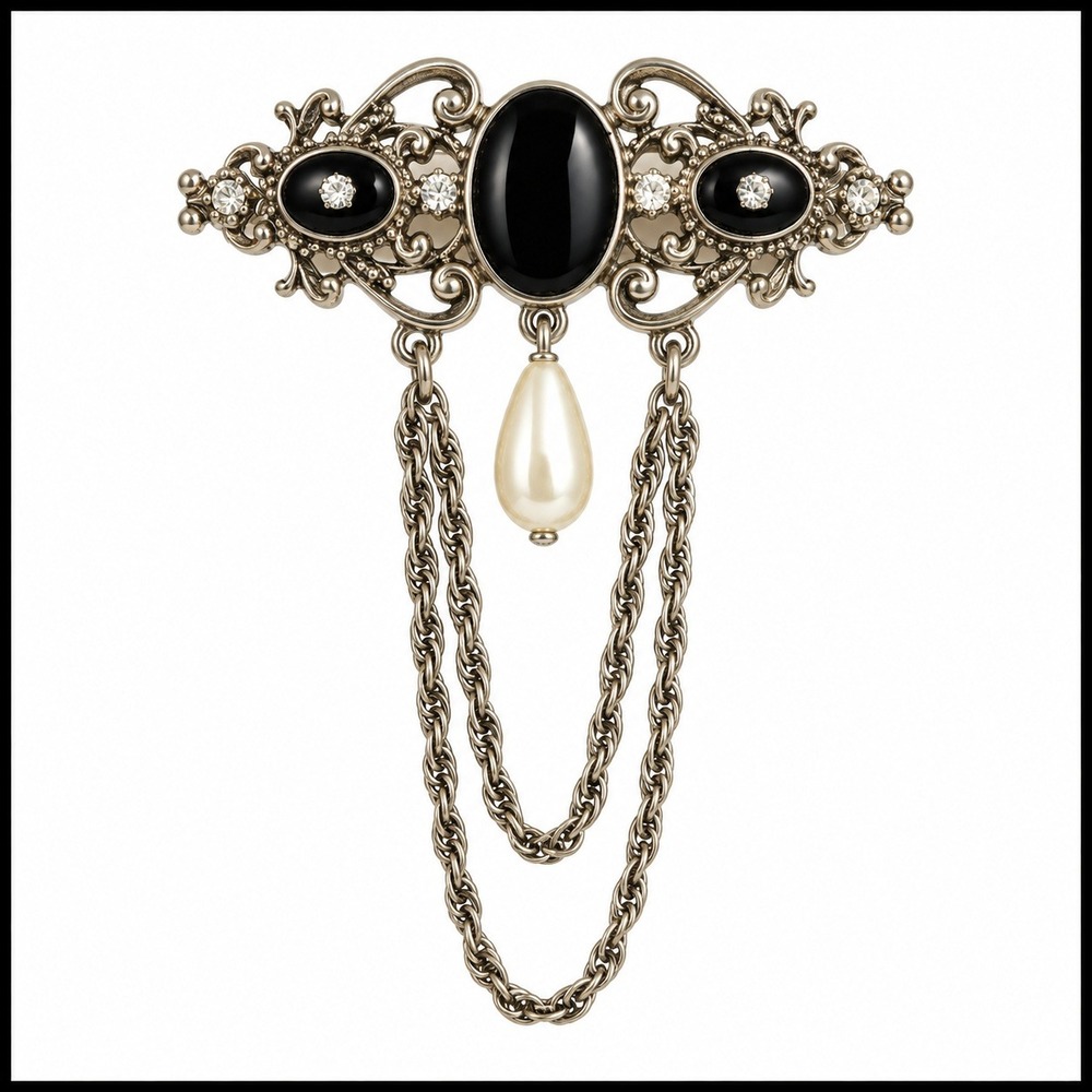 Vintage Florenza Silver Tone Chain Faux Pearl Drop Enamel Rhinestone Brooch